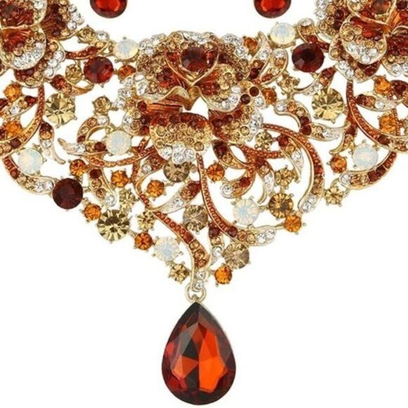 Yellow Gold and Topaz Austrian Crystal Rose Flower Bib Necklace and Earrings Set - Picture 3 of 7